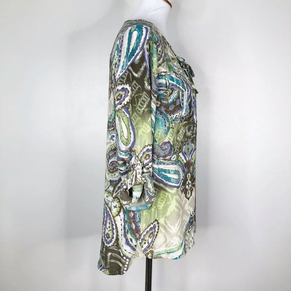 CHICOS Paisley Tie Front Top Sz. 1 (M) Purple Green Brown - Picture 3 of 13